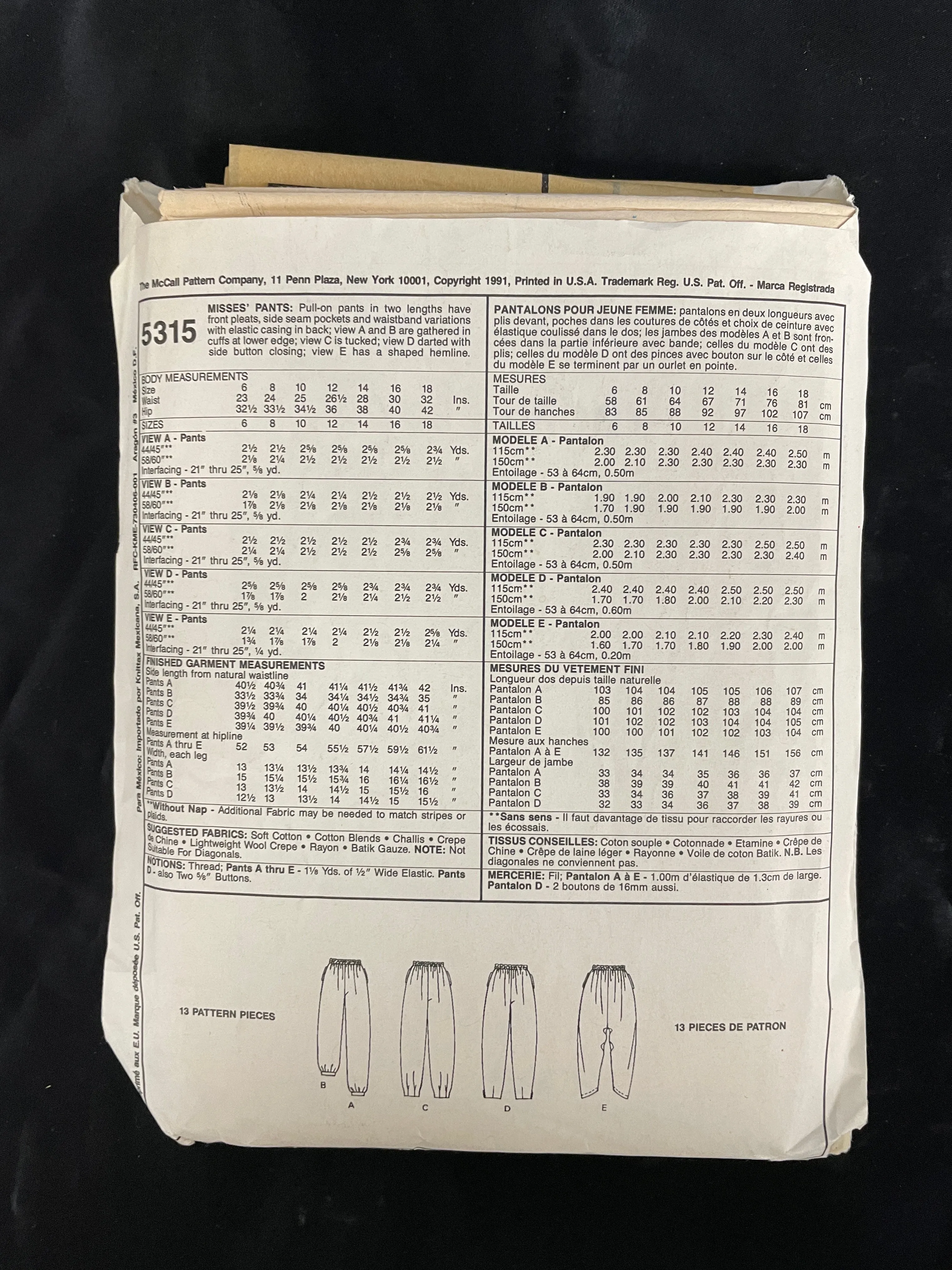 1991 McCall's 5315 Pattern - Pants