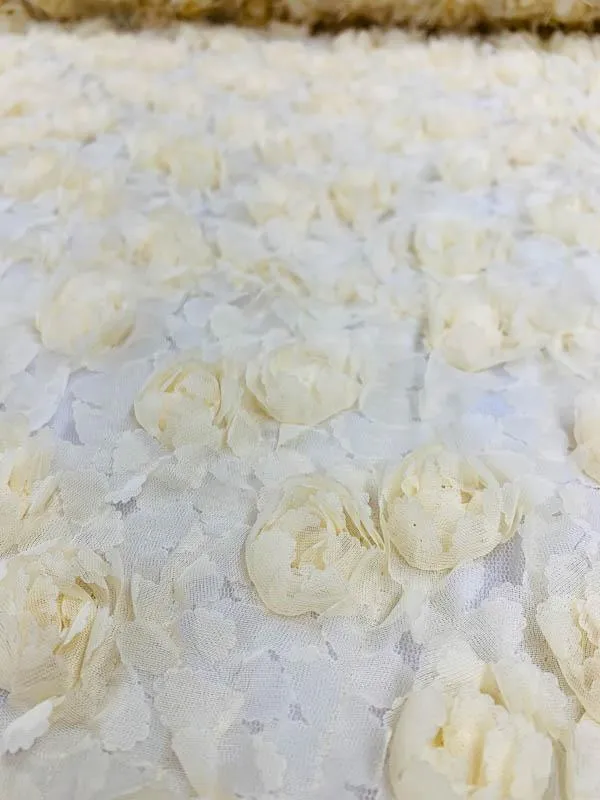 3D Floral Rosettes on Tulle - Butter Yellow