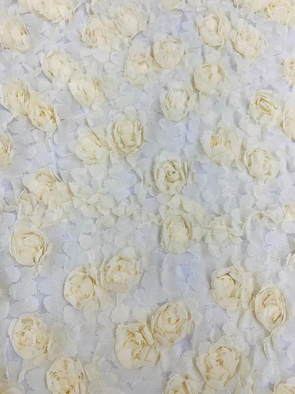 3D Floral Rosettes on Tulle - Butter Yellow