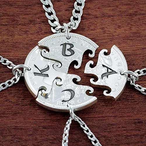 4 Best Friend Initial Necklaces, Custom Friendship or Family, Interlocking Puzzle Set From a Real US Coin, By NameCoins