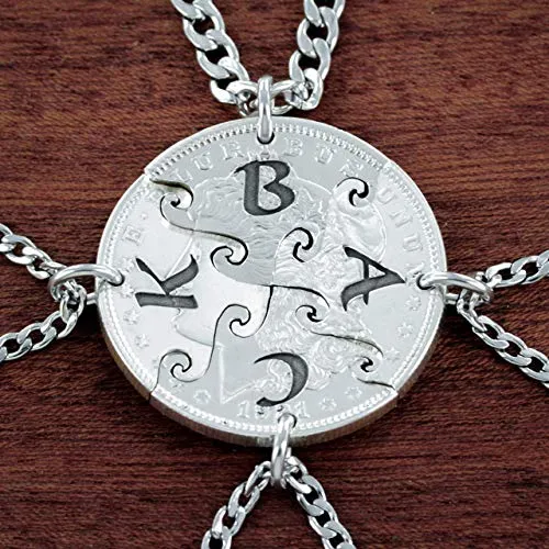 4 Best Friend Initial Necklaces, Custom Friendship or Family, Interlocking Puzzle Set From a Real US Coin, By NameCoins