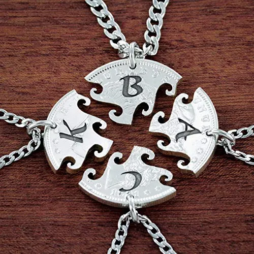 4 Best Friend Initial Necklaces, Custom Friendship or Family, Interlocking Puzzle Set From a Real US Coin, By NameCoins