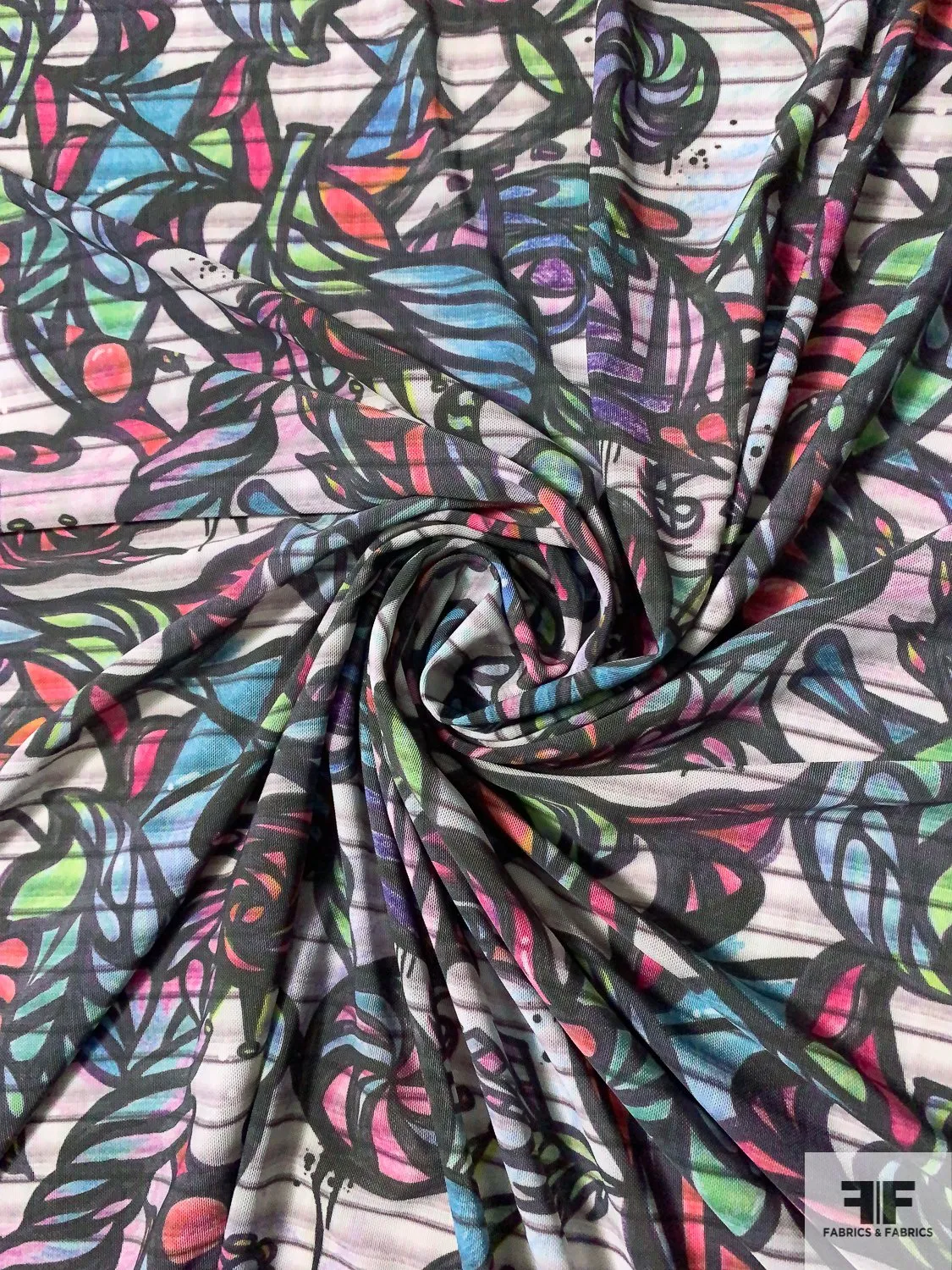 Abstract Graffiti Printed Stretch Nylon Power Mesh-Tulle - Multicolor