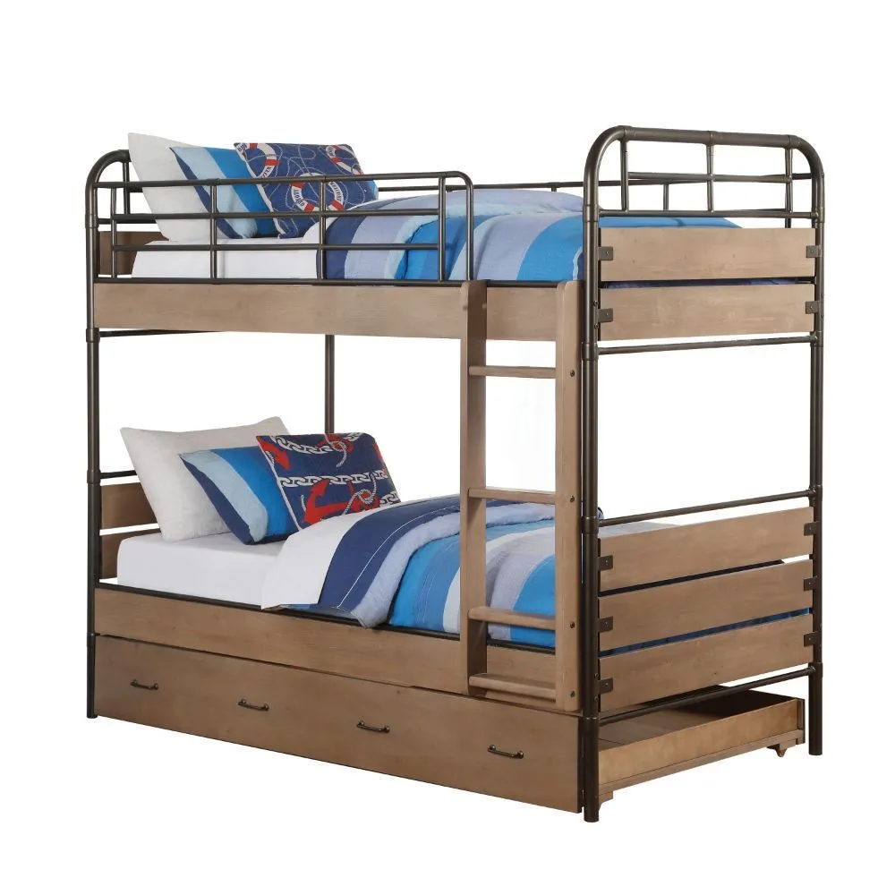 ACME Adams Bunk Bed & Trundle (Twin/Twin) in Antique Oak & Gunmetal 37760