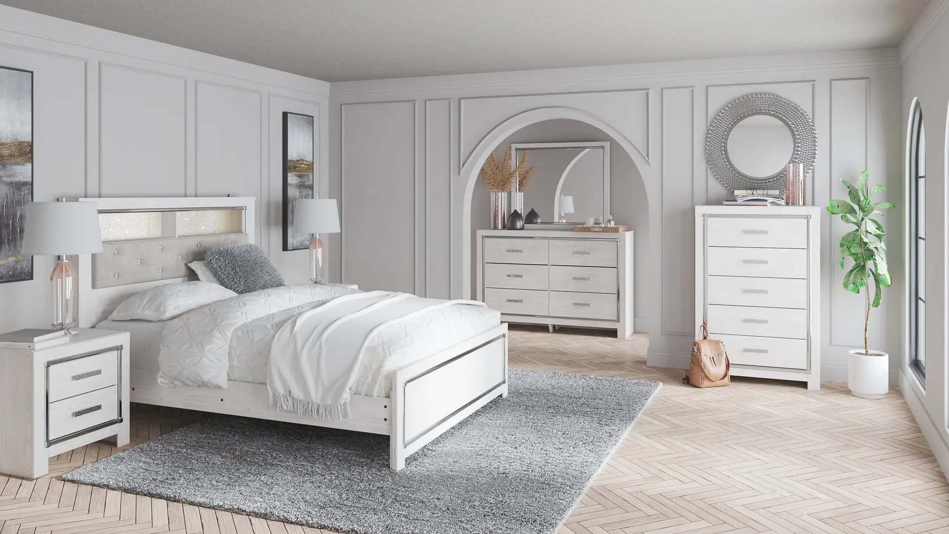 Altyra Queen Bookcase Headboard with Mirrored Dresser and Chest