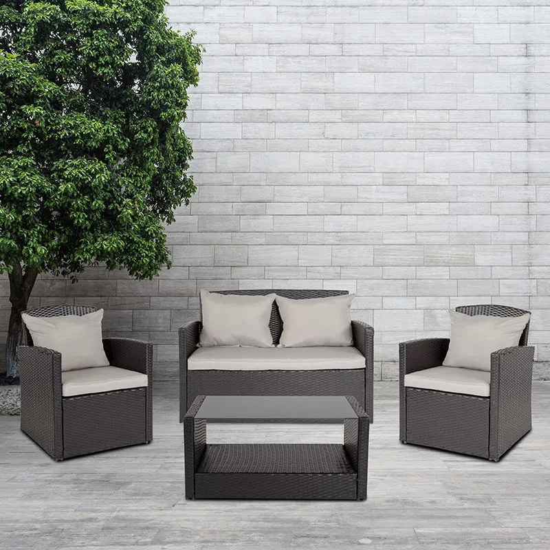 Apopka 4 Piece Black Patio Set with Gray Back Pillows Seat Cushions