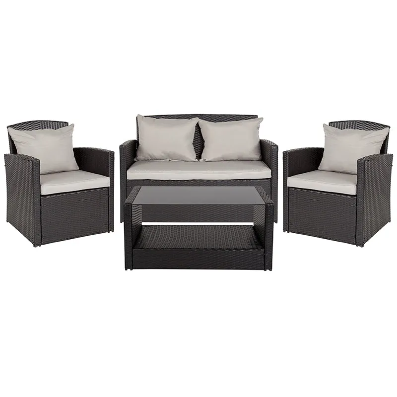 Apopka 4 Piece Black Patio Set with Gray Back Pillows Seat Cushions