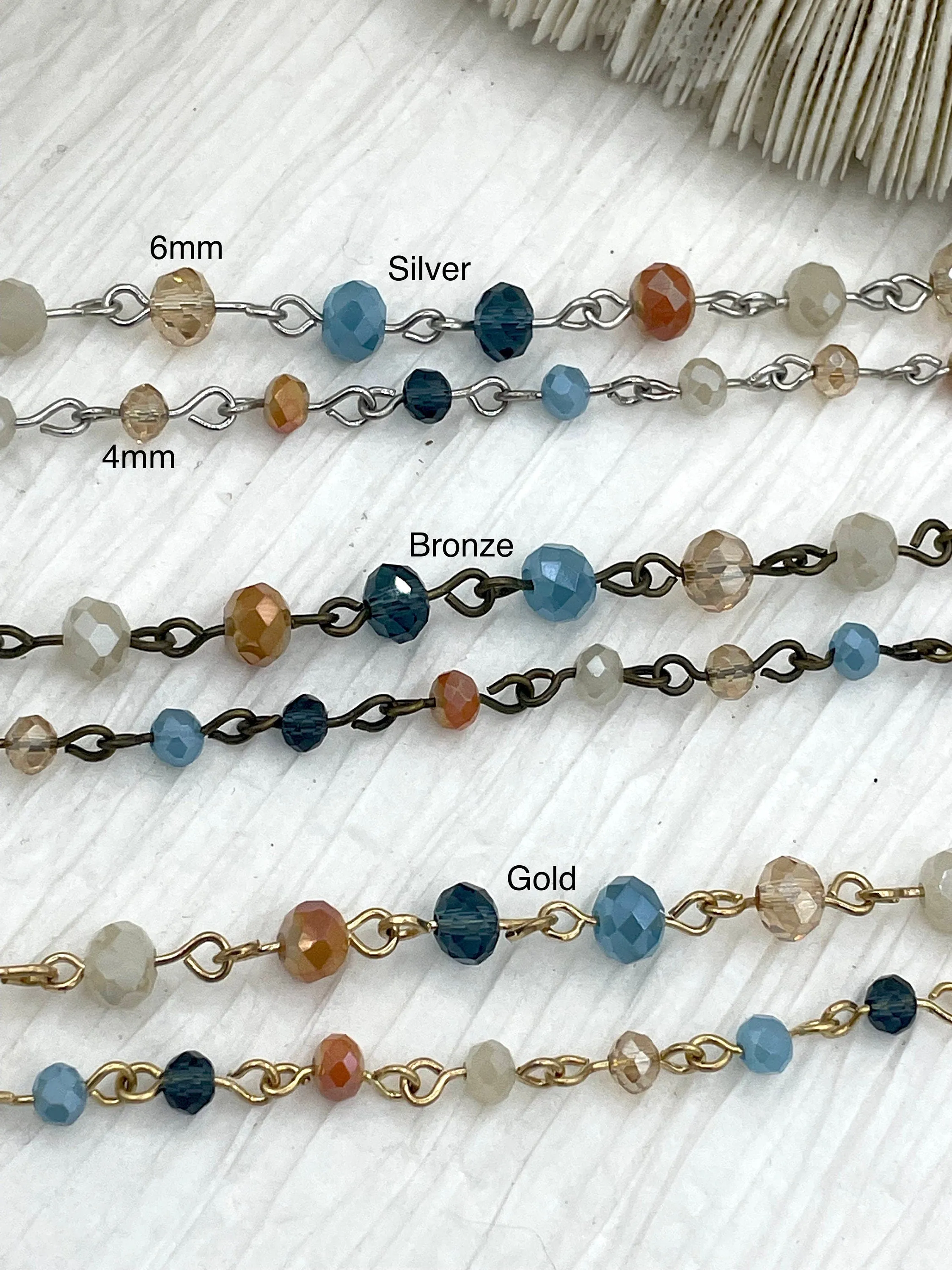 Crystal Round Mixed Rosary faceted glass beads Blue Navy Cream Peach, champagne 6mm and 4mm Gold, Silver or Bronze, 1 Meter (39 ")Fast Ship