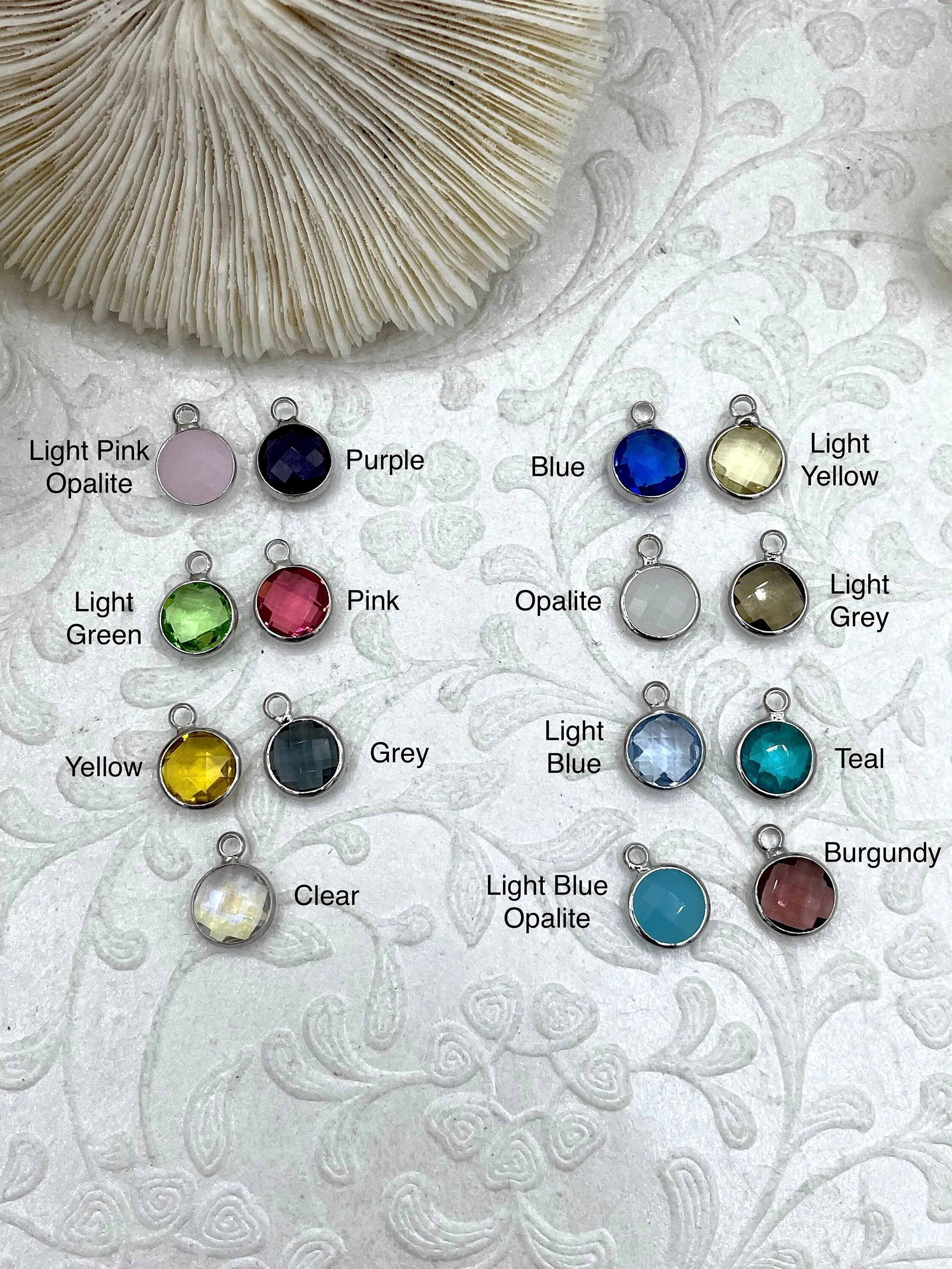 Crystal Silver Trimmed Round Pendants and Charms. 15 Crystal Colors, Small Crystal Charms, 8.5mm Round Crystal Charms, Fast Ship