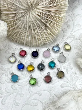 Crystal Silver Trimmed Round Pendants and Charms. 15 Crystal Colors, Small Crystal Charms, 8.5mm Round Crystal Charms, Fast Ship