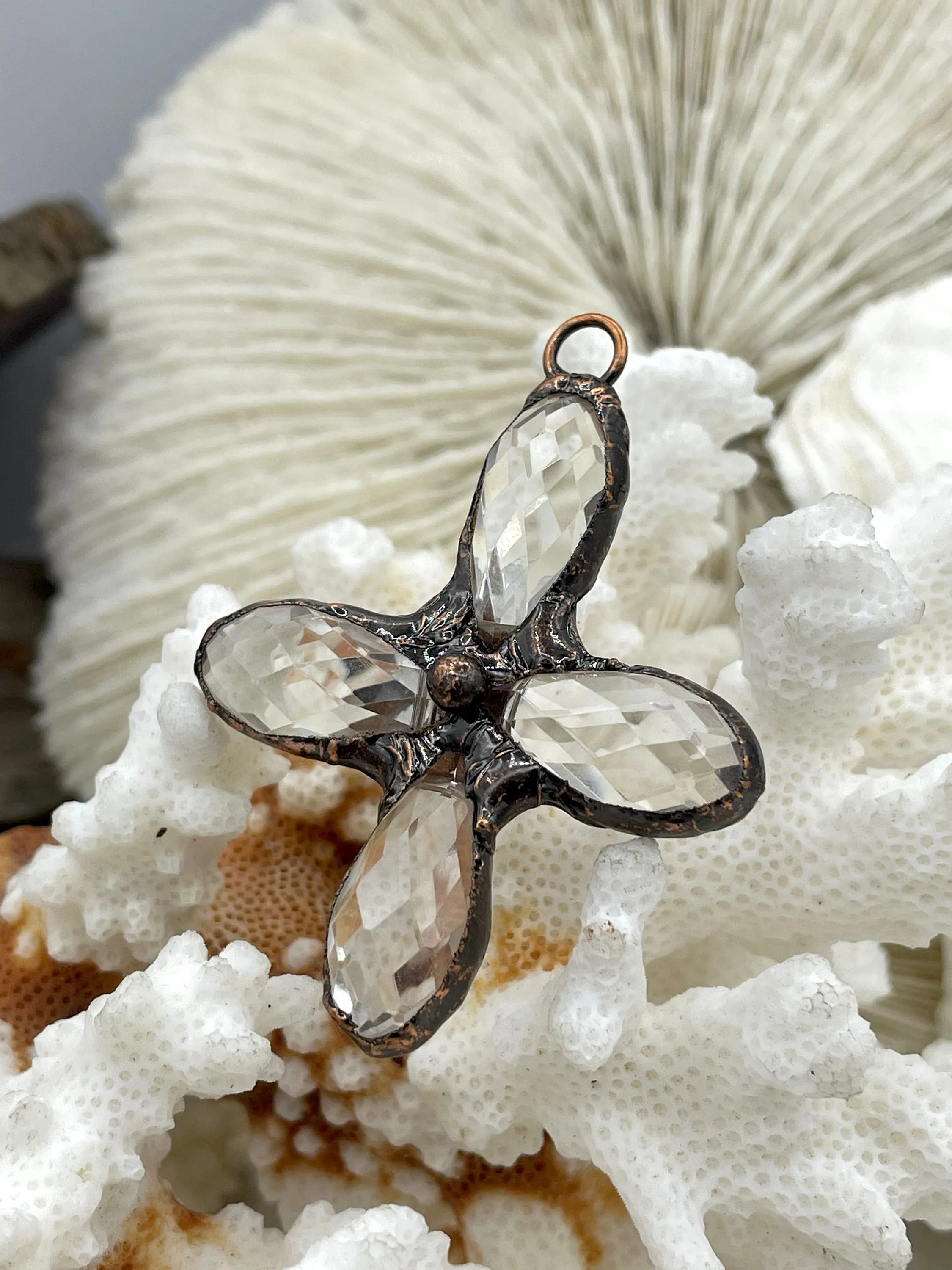 Faceted Soldered Crystal Flower Pendants. 3 styles, Clear and Iridescent Crystal, Copper and Gunmetal Soldering, Wrapped Crystal Fast Ship