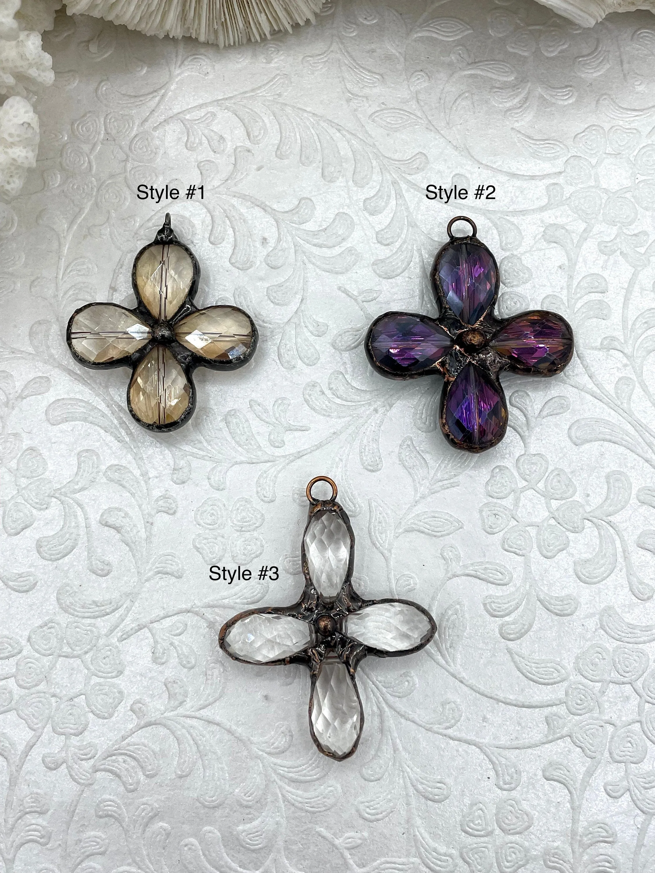 Faceted Soldered Crystal Flower Pendants. 3 styles, Clear and Iridescent Crystal, Copper and Gunmetal Soldering, Wrapped Crystal Fast Ship