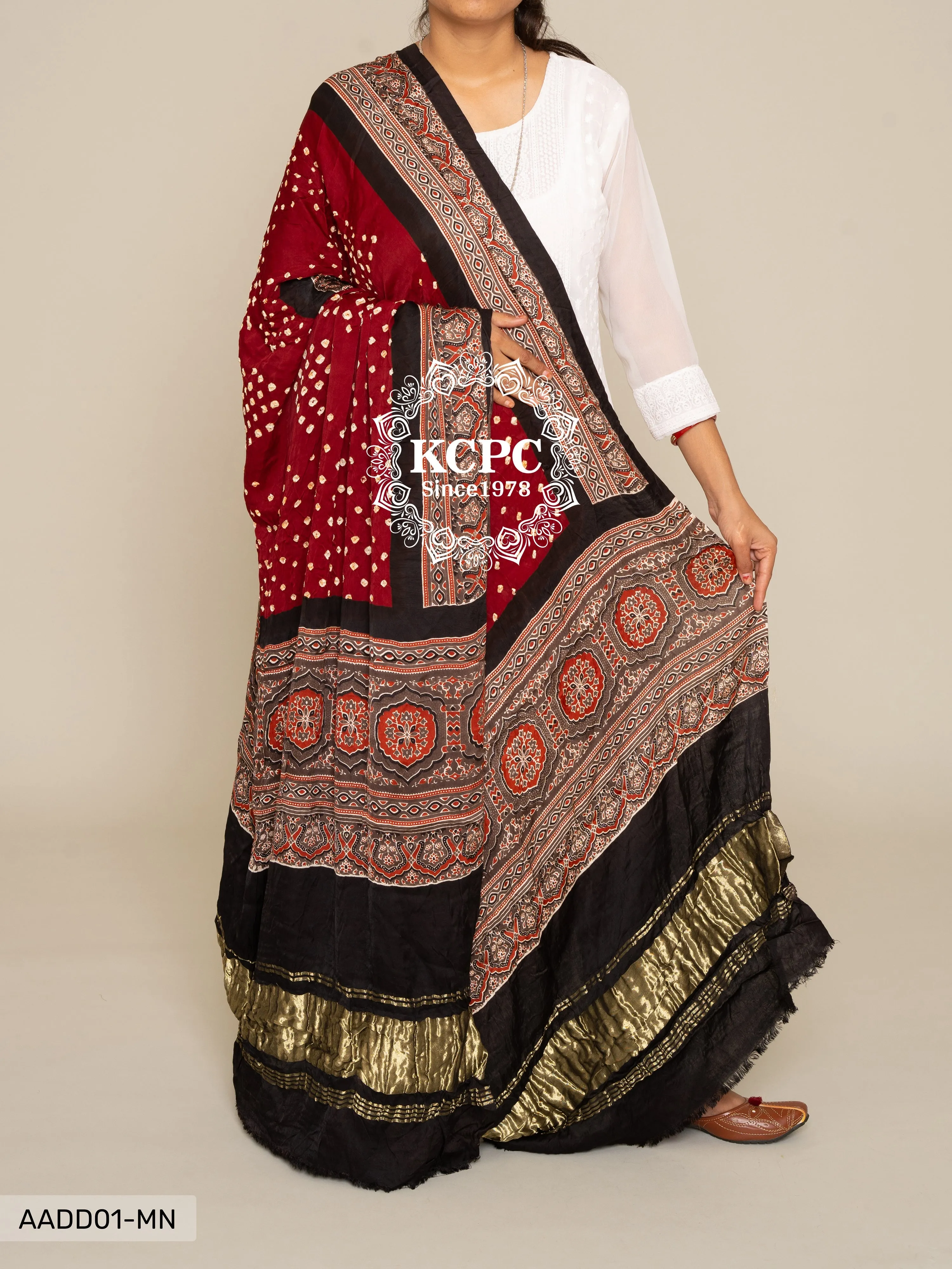 KCPC Pure Gaji Silk Ajrakh Bandhani Dupatta, DR, KC Mehroon