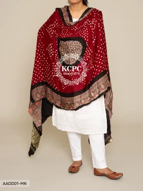 KCPC Pure Gaji Silk Ajrakh Bandhani Dupatta, DR, KC Mehroon