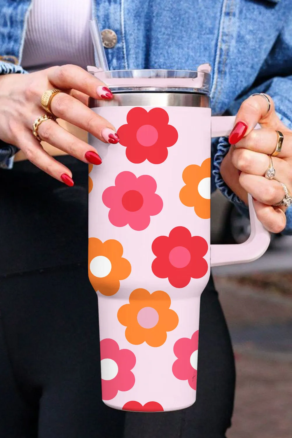 Multicolor 60s Flower Print Handled Stainless Steel Tumbler