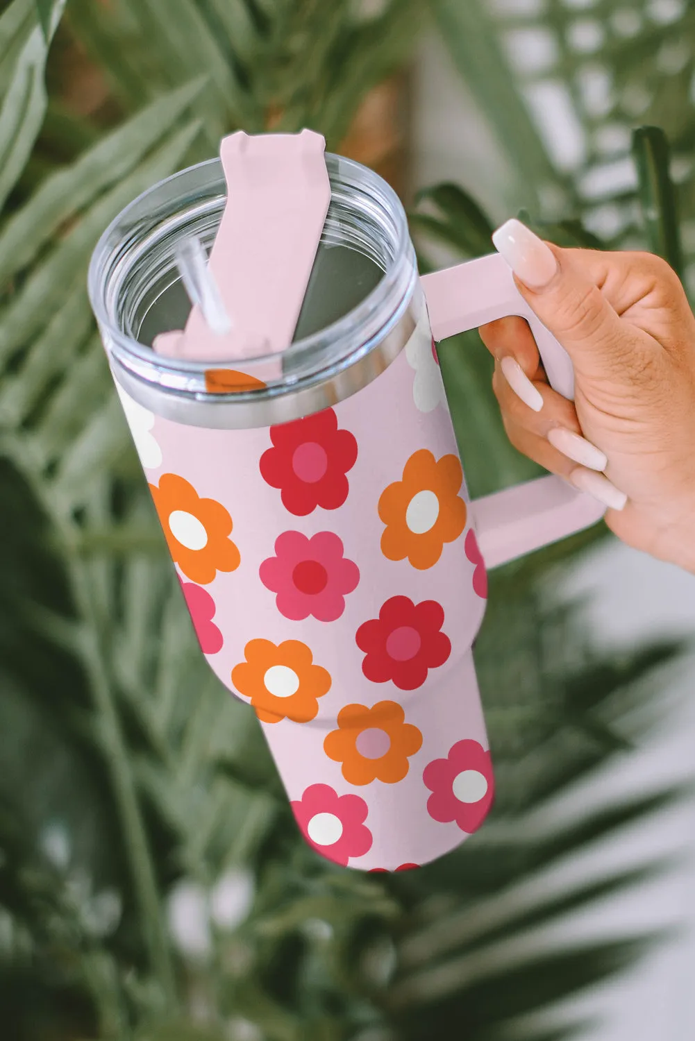 Multicolor 60s Flower Print Handled Stainless Steel Tumbler