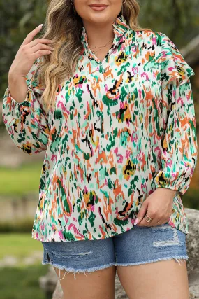 Multicolor Abstract Print Ruffled V Neck Plus Size Blouse