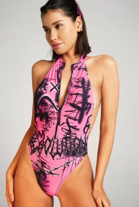 Neon Pink Graffiti Print Zip Up Swimsuit