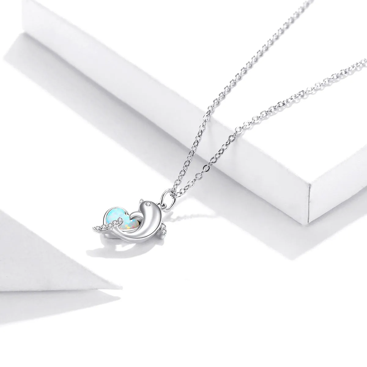 Opalite Dolphin Heart Necklace Sterling Silver