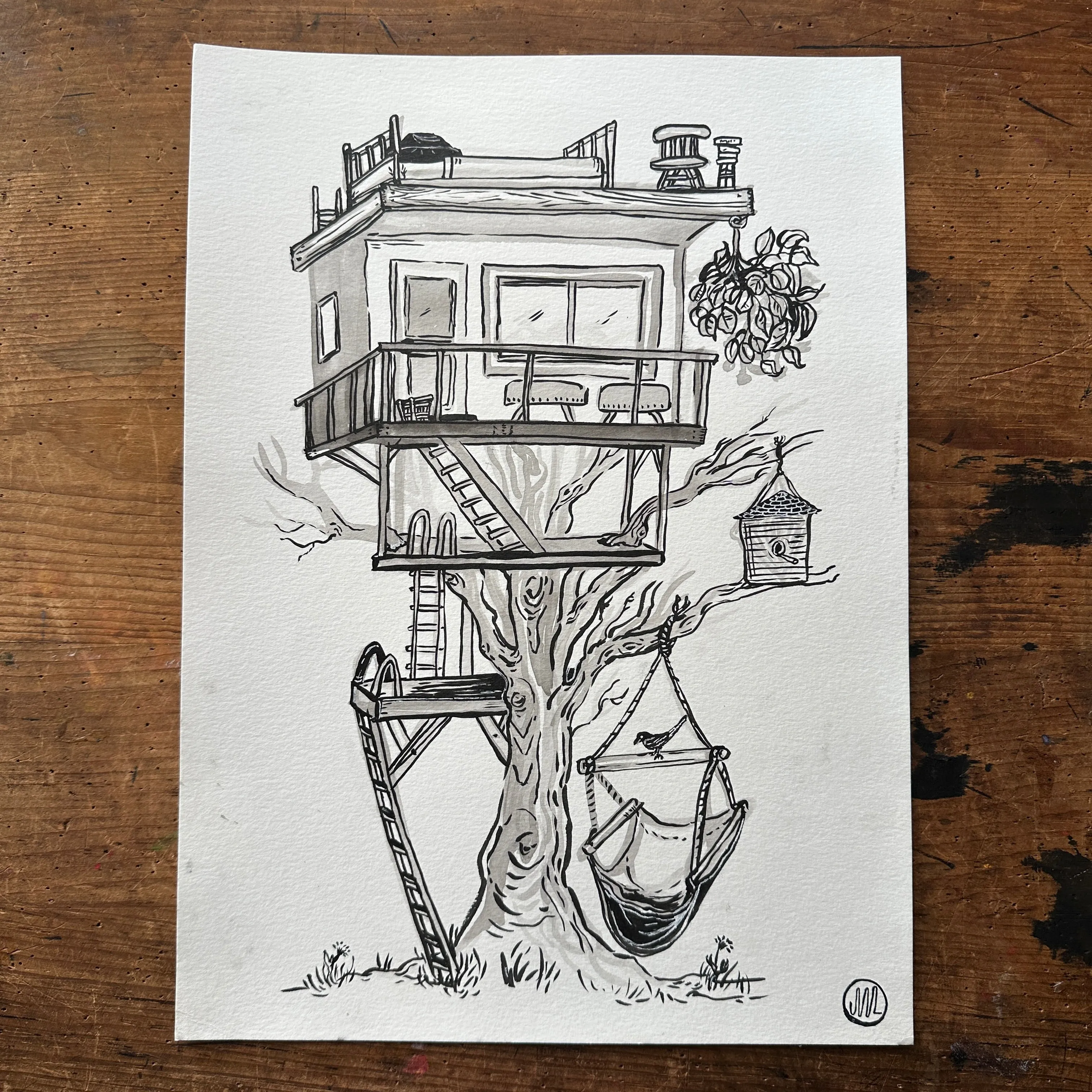 Treehouse ink drawing